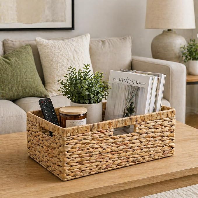 Water Hyacinth Wicker Storage Basket with Handles, Large | 15 x 11 x 6.75 Inch Basket, Shelf Organizer, Rectangular Woven Bin, Towel and Blanket Storage, Natural Decor