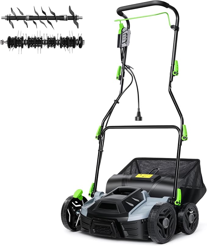 Electric Lawn Dethatcher Scarifier 15.5 Amp, 14-Inch Corded Dethatcher with 14.5 gal Collection Bag, 5-Position Depth Adjustment, 2-in-1 Aerator with Carbon Steel Blades for Spring Fall Lawn Care