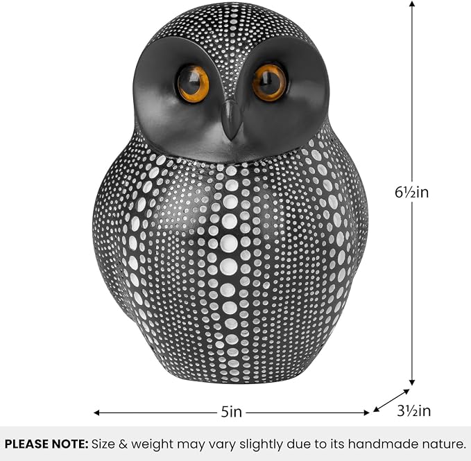 Torre & Tagus 6" Dotted Black Owl Decor - Burrowing Owl Statue with White Dots for Home Decor, Cute Bird Figurine as Tabletop Sculpture on Book Shelf, TV Console, Fireplace or Wedding Gift (Debossed)