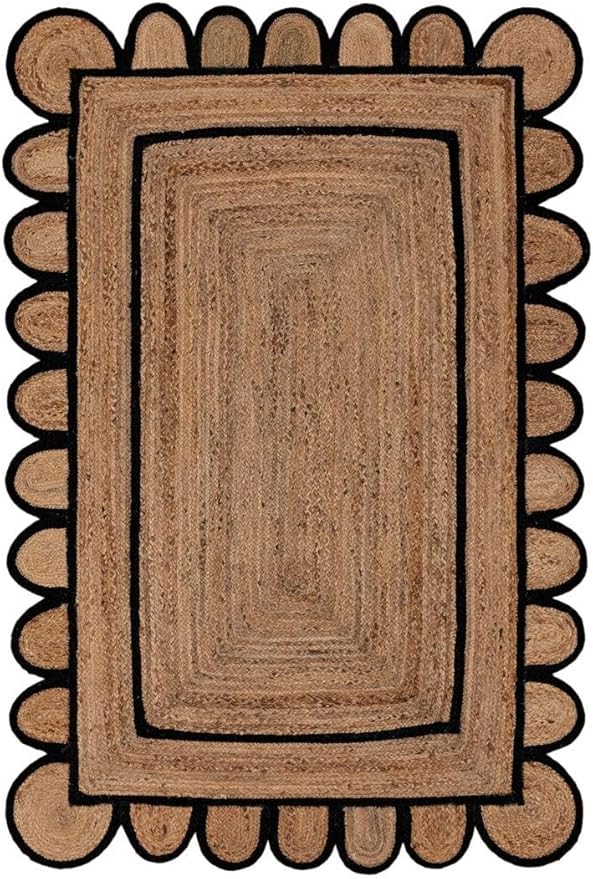2x3 3x5 4x6 5x7 6x9 8x10 9x12 Black Color Scalloped Design Braided Jute Rug Kitchen Rug Patio Hallway Entryway Outdoor (3x5 Ft )