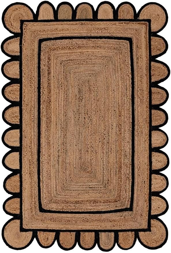 Scalloped Natural Jute Area Rug for Bedroom Living Room, Kitchen, Patio, Hallway, Entryway, Indoor, Outdoor, Farmhouse, Morden Carpet, Door Mat Black, 2x4 ft.