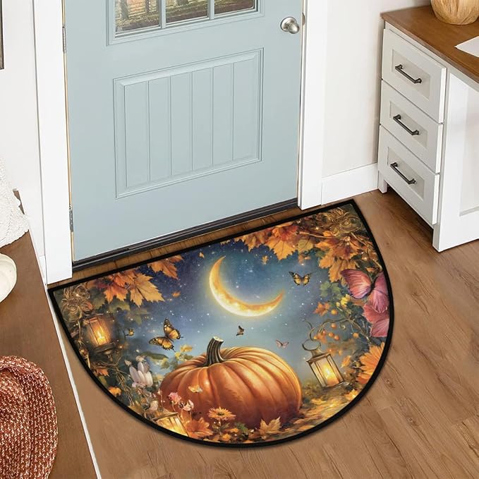 Pumpkin Maple Leaf Butterfly Half Round Door Mat Non-Slip Soft Doormats for Home Indoor Outdoor Entrance Bath Carpet Area Rugs for Home Dining Living Room Bedroom 36" X 24"