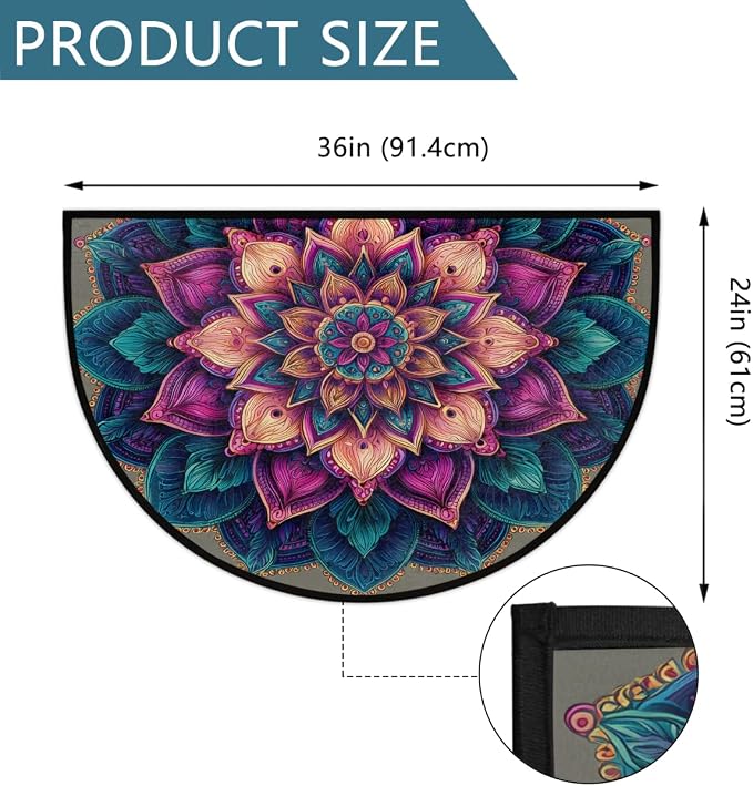 Mandala Retro Half Round Door Mat Semi Moon Rug Fireplace Carpet Area Rugs | Mandala Retro Non Slip Absorbent Half Circle Mat Carpet for Indoor Outdoor Patio Kitchen Bathroom Entryway Home Decor