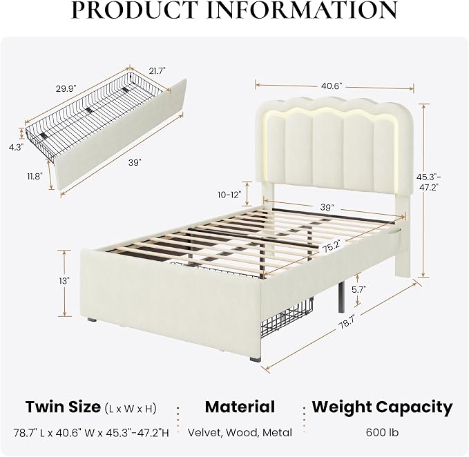 SHA CERLIN Twin Size Bed Frame with LED Lights and Storage Drawer, Cream | Upholstered Velvet Platform Bed with Adjuatable Wavy Headboard, Noise-Free, Easy Assembly,No Box Spring Needed