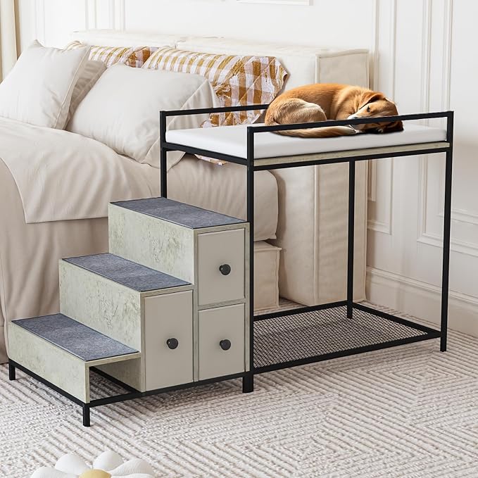 LEMBERI Pet Bunk Bed with Stairs and Storage, Dogs/Cats Window Perch, Bedside Lounge Elevated Dog Bed Multi-Level Platform with Foam Upholstery (Gray)