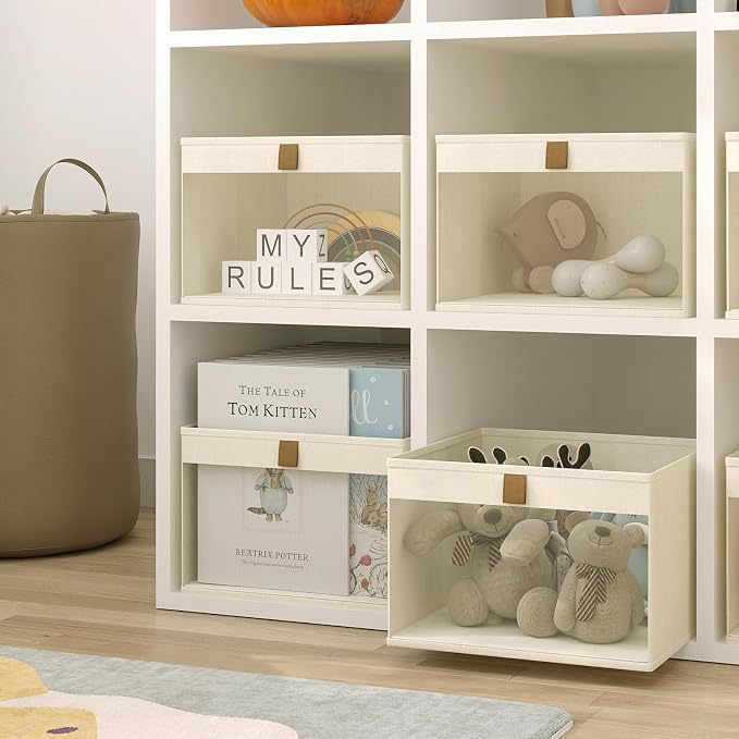 Linen Closet Organizers and Storage, Closet Storage Bins Basket Organizer, Foldable Organization Baskets with Mesh Window for Clothes Towels and Toys, 12.75" x 12.75" x 9", Beige, 4 pack