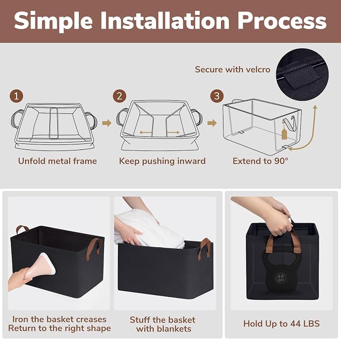 CHICVITA 45L Extra Large Fabric Storage Bins, Metal Frame, 2-Pack, Black | 19" L x 13" W x 11" H, Collapsible Design, Nursery, Living Room & Closet Organization, Toys, Clothes & Blankets Storage