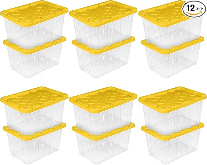 Sterilite Industrial Storage Box with Lids for Garage, 27 Gallon, 12-Pack | Heavy-Duty and Stackable Utility Box Containers for Home, Office, and Basement Organization, Yellow