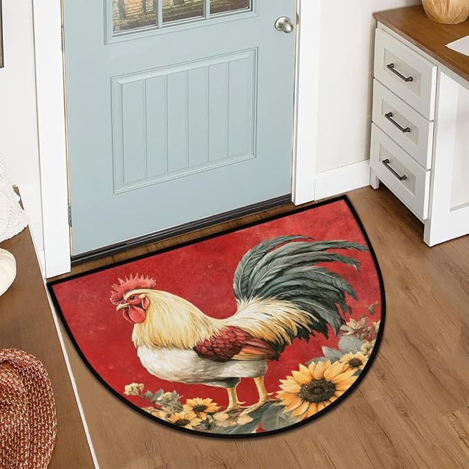 Pardick Half Round Door Mat Vintage Rooster Red Anti-Slip Semi Circle Rug 24X36 Indoor Door Mat Half Moon Bath Mats, Washable Decorative Welcome Floor Mats for Kitchen Bathroom Hearth Fireplace,Q-7
