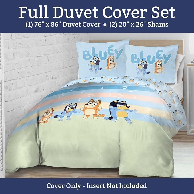 Jay Franco Kids Duvet Cover Set – 3 Piece Super Soft Bedding with Sham Pillowcase, Cover ONLY - Comforter Not Included, Multi - Bluey, Full