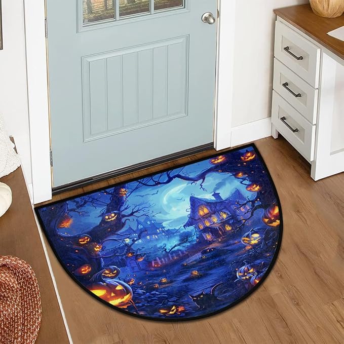 Pumpkin Half Round Door Mat Semi Moon Rug Fireplace Carpet Area Rugs | Halloween Pumpkin Non Slip Absorbent Half Circle Mat Carpet for Indoor Outdoor Patio Kitchen Bathroom Entryway Home Decor