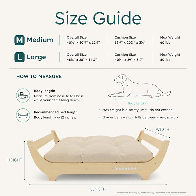 CANAGAN Elevated Wooden Dog Bed with Cushion, Natural Wood, Large | Raised Dog Couch Bed with a Washable Cover and Plush PP-Filled Cushion, Designed for Large Dogs and Stylish Indoor Living
