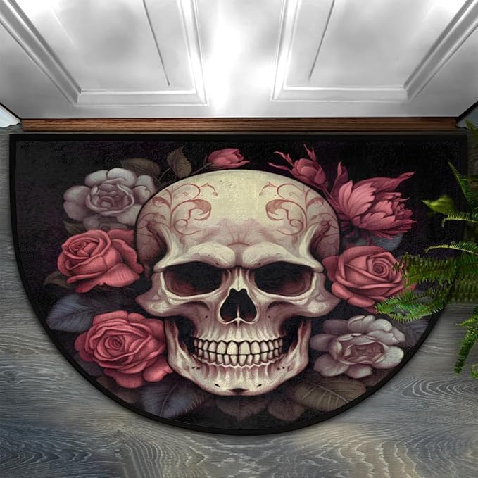 Flower Skull Half Round Door Mat Welcome Entrance Mat Bath Bathroom Rug | Flower Skull Welcome Entrance Mat Anti-Slip Half Moon Bath Mat Semi Circle Rug Indoor Outdoor Kitchen Rug