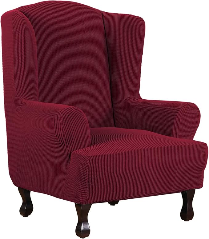 H.VERSAILTEX Wing Chair Slipcover Chair Covers for Wingback Chairs Wingback Chair Covers Slipcovers 1 Piece Stretch Sofa Cover Furniture Protector Soft Spandex Jacquard Checked Pattern, Burgundy Red