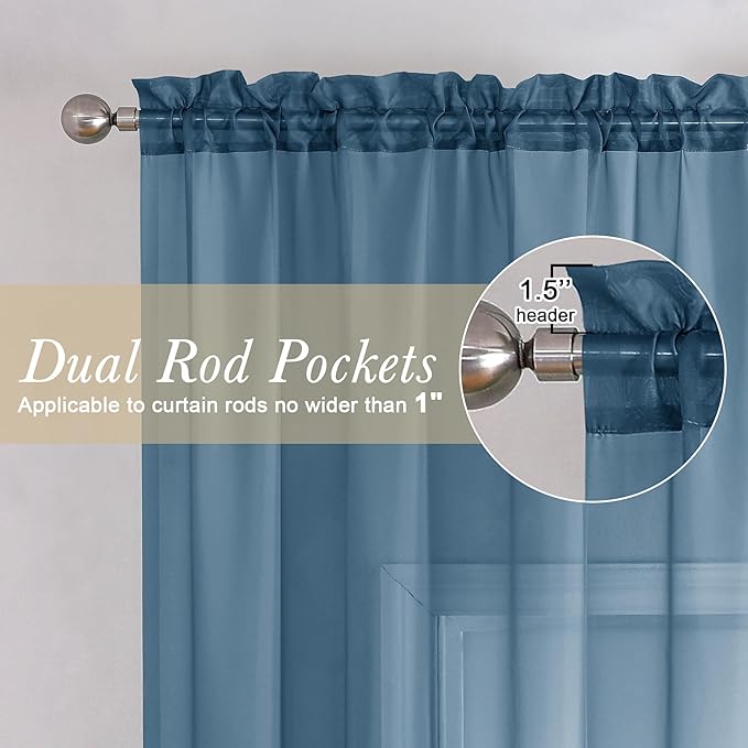 Lecloud Dusty Blue Sheer Curtains 72 Inches Long 2 Panels, Light Filtering - Image 2