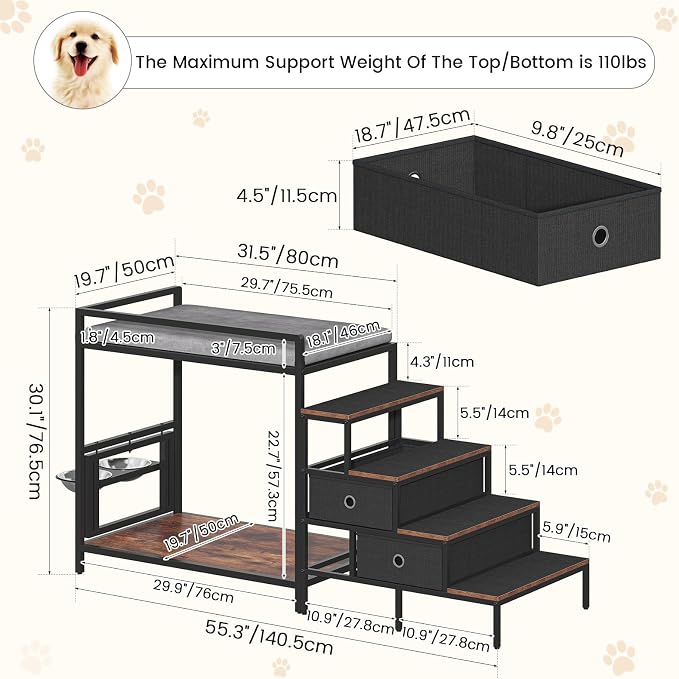 kepptory Dog Window Perch with 360° & Adjustable Raised Feeder, Pet Stairs Ramp with Seat with Stairs and Storage, Pet Bunk Bed with Small Pet Step