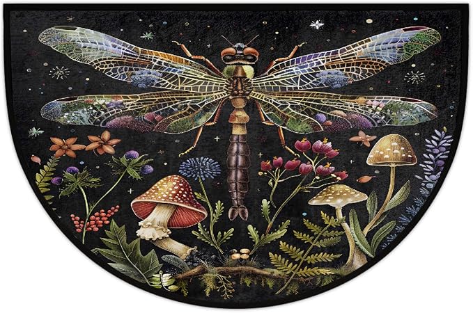 Dragonfly Half Round Doormat Non-Slip Semi Circle Rug Half Moon Mat | Mushroom Leaf Flower Washable Soft Absorbent Indoor Outdoor Entrance Kitchen Bathroom Sink Patio Welcome Fireplace Floor Rug