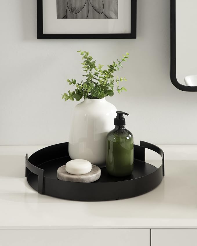 Kate and Laurel Myo Modern Round Metal Tray; 15 x 15; Black; Decorative Circular Tray for Storage and Display