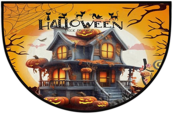 Halloween Half Round Doormat Non-Slip Semi Circle Rug Half Moon Mat | Castle Pumpkin Washable Soft Absorbent Indoor Outdoor Entrance Kitchen Bathroom Sink Patio Welcome Fireplace Floor Rug