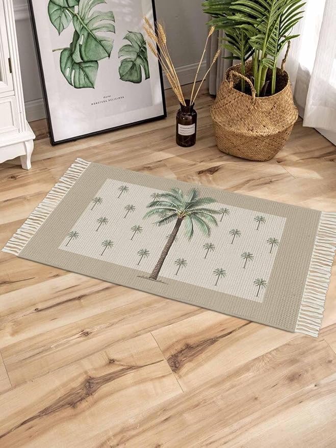 Tropical Palm Tree Large Runner Rug 4X6 Ft Living Room Area Rug, Washable Woven Brown Summer Beach Plant Throw Carpet with Tassel, Non-Shedding Farmhouse Retro Green Botanical Bedroom Office Carpets