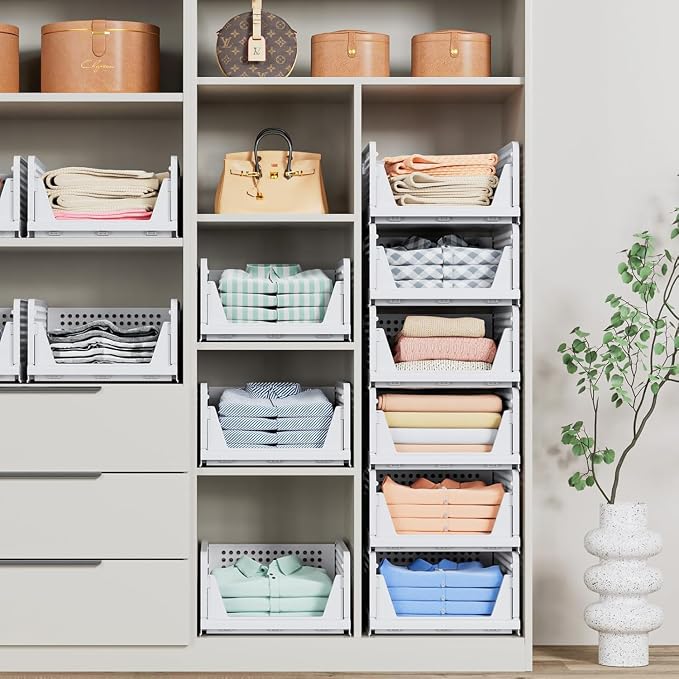 caktraie 8 Pack Stackable Closet Storage Basket - Stackable Storage Bins | Multifunctional & Foldable Closet Organizer Waterproof, Wardrobe Cupboard Space-Saving Storage Drawer Organizer