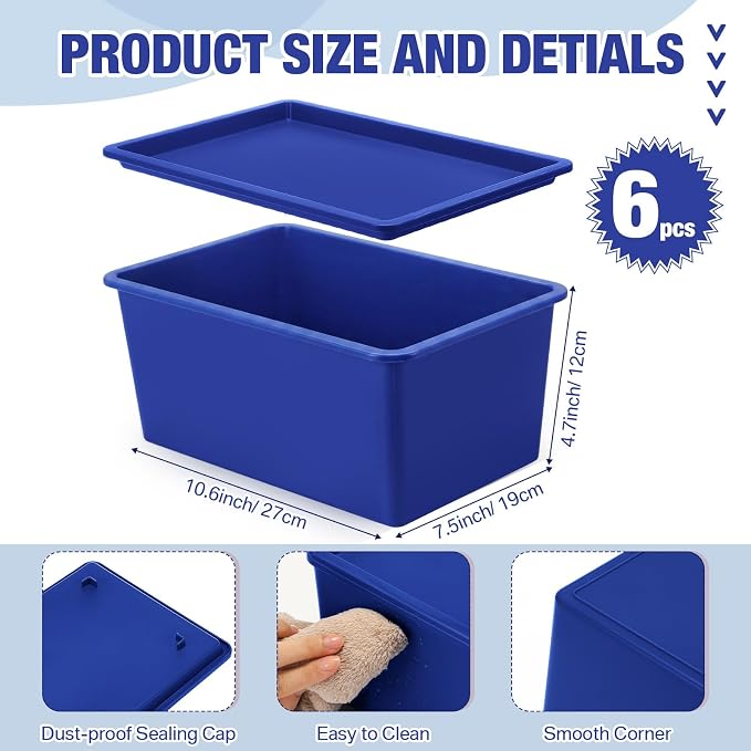 Menkxi 6 Pcs Storage Bins with Lids Small Plastic Storage Containers Stackable Storing Baskets Box Cute Organizer Bins for Organizing Shelves (Blue Series)