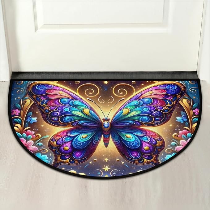 Colorful Butterfly Flowers Half Round Mat Half Moon Door Rug Washable Durable Semi Circle Carpet Floor mats for Indoor Outdoor Bathroom Kitchen Patio Hearth Rug Laundry Room Home Decoration