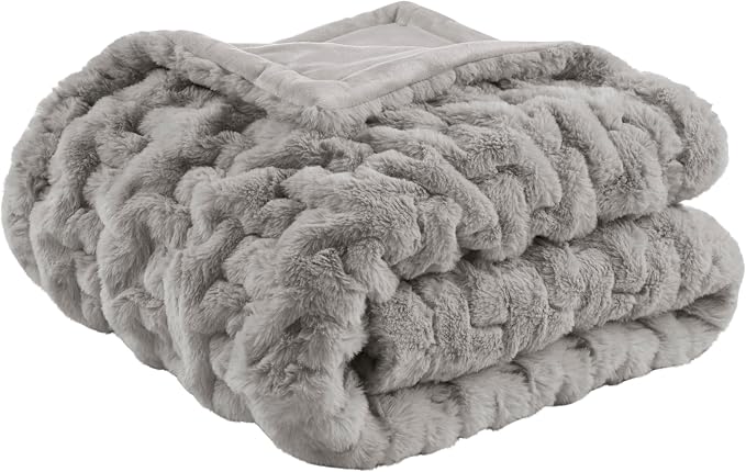 Madison Park Ruched Fur Throw Faux Fur Blanket for Sofa, 50" x 60", Grey | Luxury, Premium, Soft Cozy Brushed Long Pile, All Season Plush Modern OEKO- TEX Certification Warm For Bed, Couch or Sofa