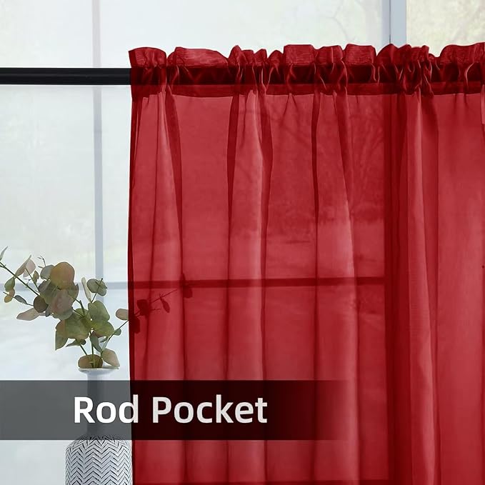 youleyar Solid Sheer Rod Pocket Curtain Voile Draperies 2 Panels White Beige Black Grey Ivory 52 Inch Width 72 Inch Long 1 Pair for Kitchen Bedroom Children Living Room Yard (Christmas Red,52Wｘ72L)