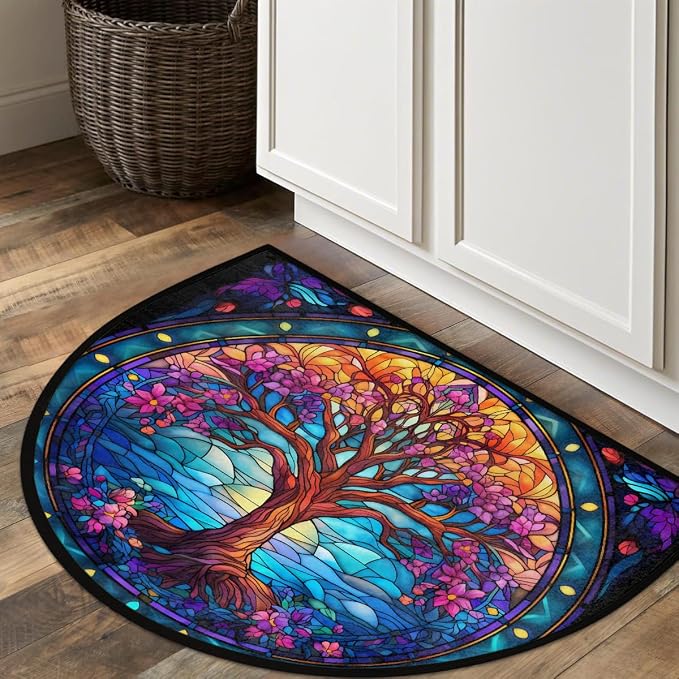 Tree of Life Half Round Door Mat Non Slip Half Circle Rugs | Art Rainbow Washable Half Moon Rug Semi Circle Rugs Indoor Entrance Floor Carpet for Kithen Bedroom Fireplace Decor