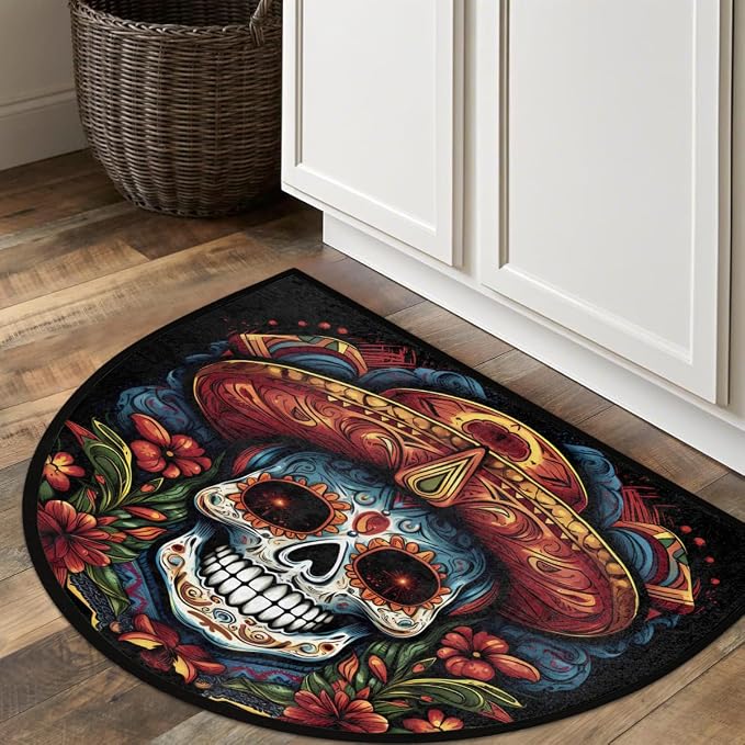 Skull Half Round Doormat Washable Semi Circle Rug Kitchen Outdoor Rugs | Sugar Skull Half Moon Rugs Non Slip Absorbent Entrance Floor Mat for Indoor Outdoor Bathroom Bedroom Fireplace Carpet Decor