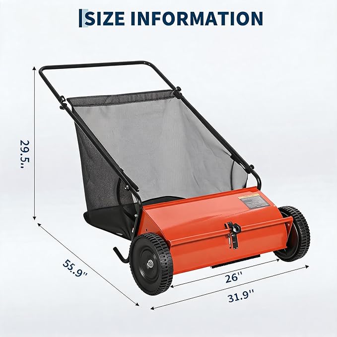 Heavy Duty 26-Inch Push Lawn Sweeper – 4 High-Speed Spinning Brushes | Durable Steel Frame, 7 Cu. Ft. Removable Bag, Walk-Behind Leaf & Grass Collector for Garden, Patio, Driveway, Outdoor –
