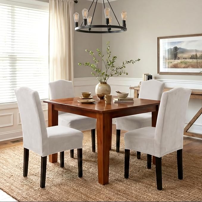 H.VERSAILTEX Velvet Dining Chair Covers Stretch Chair Covers for Dining Room Set of 4 Parson Chair Slipcovers Chair Protectors Covers Dining, Soft Thick Solid Velvet Fabric Washable, Oatmeal