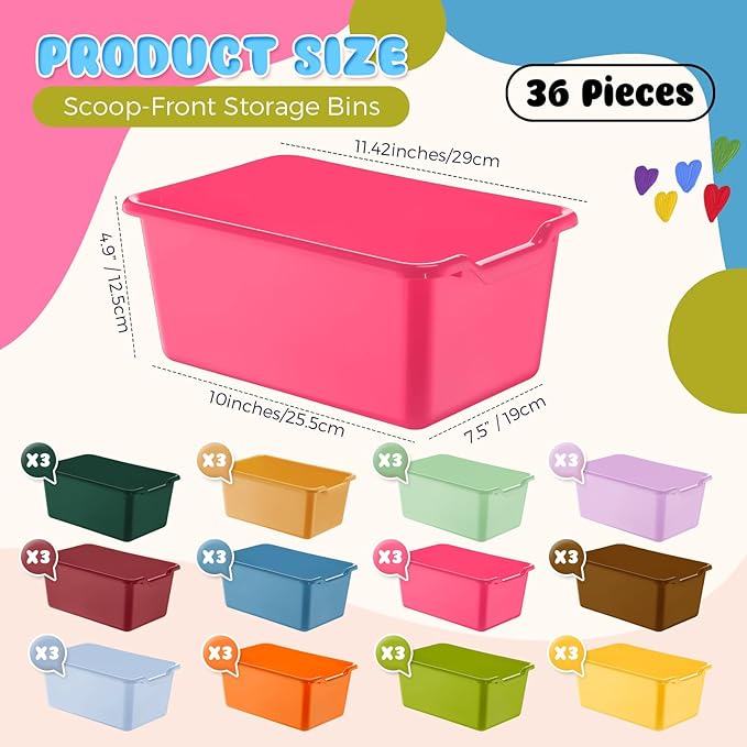Dandat 36 Pcs Plastic Book Bins for Classroom Library Colorful Scoop Front Cubby Bins Stackable Toy Storage Containers with Handles for School Home Office Nursery Daycare (Vintage Color)