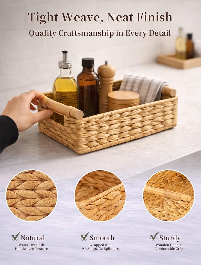 Water Hyacinth Wicker Basket, 10.24*7.87*3.94 Inch Woven Basket with Handles, Wooden Handles Wicker Storage Basket, Rattan Basket for Decorative Baskets, Pantry, Shelves, Gift, Toys - Small