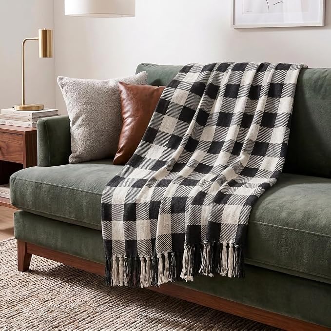 Americanflat 50x60 Throw Blanket - Soft and Breathable Cotton Throw Blanket for Couch, Bed, Chair - Decorative Blankets Perfect for Home, Office, or Outdoor Use - Black, Cream and Beige Plaid Design