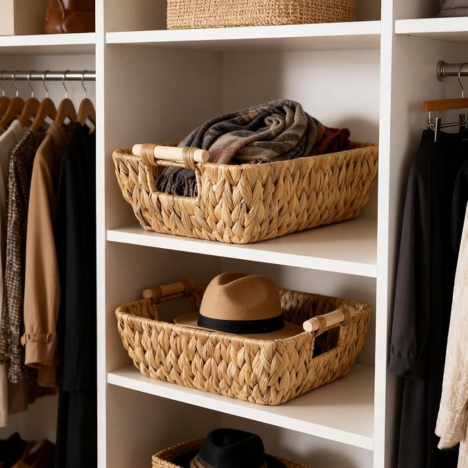 Wicker Baskets with Wooden Handles, Large Water Hyacinth Storage Baskets