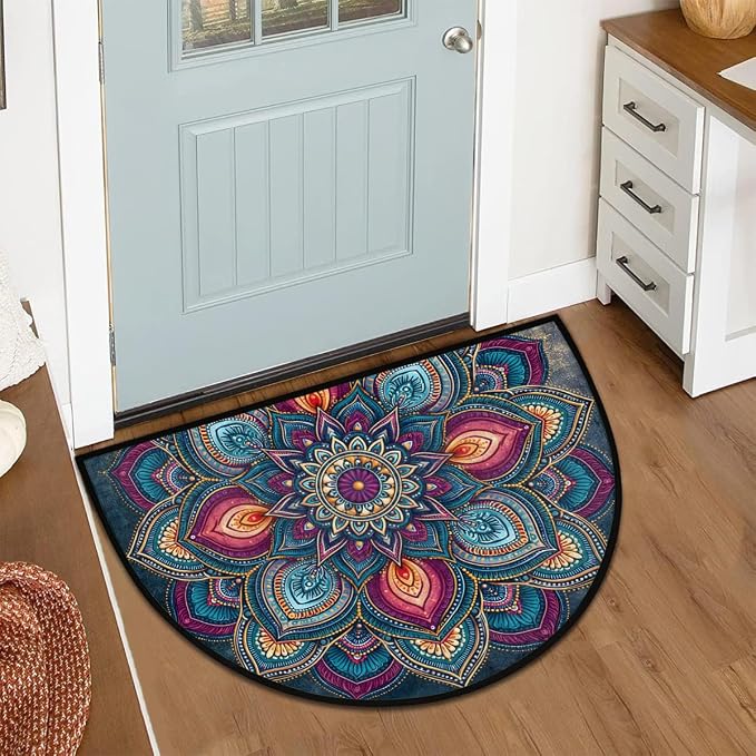 Mandala Half Round Door Mat Semi Moon Rug Fireplace Carpet Area Rugs | Abstract Geometric Non Slip Absorbent Half Circle Mat Carpet for Indoor Outdoor Patio Kitchen Bathroom Entryway Home Decor