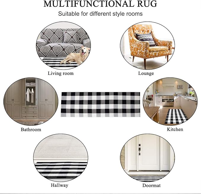 uxcell Buffalo Check Rug,Plaid Outdoor Rug,Layered Door Mat,Cotton Gingham Rugs,Floor Mat for Front Porch/Runner/Bedroom/Kitchen/Farmhouse 71"x24" Black & White