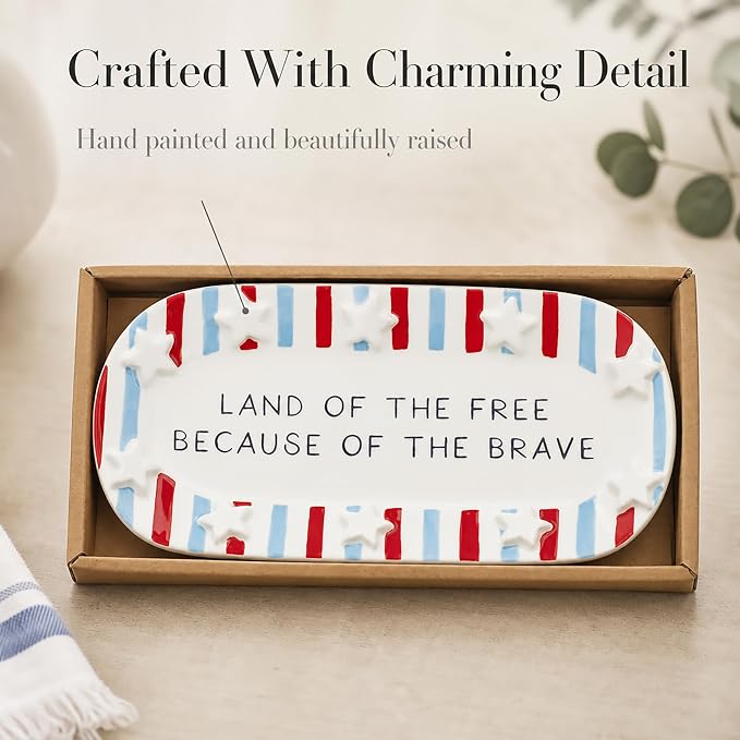 Mud Pie Red Ceramic Stripe American Sentiment Tray, America 250 Merchandise