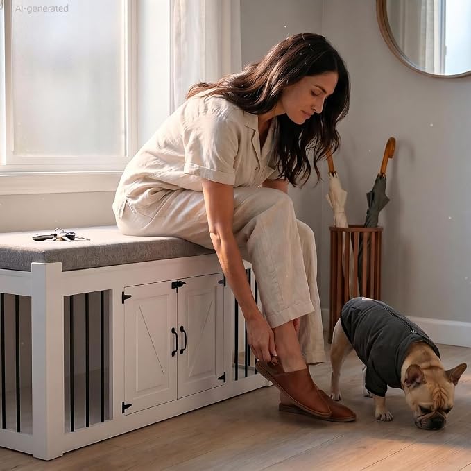 Dog Crate Furniture with Padded Seat, Luxury Wooden Dog Kennel, End of Bed Bench Ottoman with Removable Cushion for Bedroom, Living Roome, White