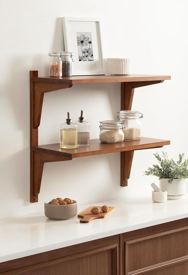 Kate and Laurel Meridien Modern Two-Tier Wooden Shelves, 24 x 12 x 24, Walnut Brown, Stunning Tiered Wall Shelf for Storage and Display as Cute Nursery Shelving or Bedroom Storage