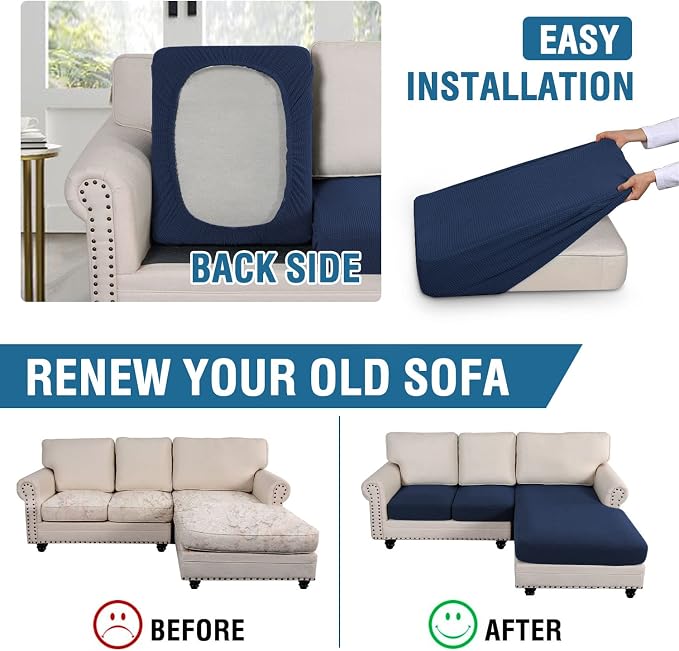H.VERSAILTEX Sectional Couch Covers 3 Pieces Sofa Seat Cushion Covers L Shape Separate Cushion Couch Chaise Cover for Both Left/Right Sectional Couch (Seat Only: 1 Chaise + 2 Sofa, Navy)