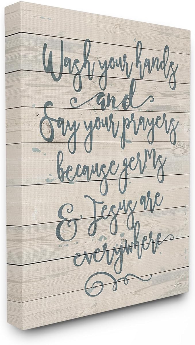 Stupell Industries 'Blue Script Germs and Jesus Cursive Planked Look Typography', Canvas Art, 16 x 20 Inches, Easy to Hang and Sturdy, Made in USA, by Jo Moulton