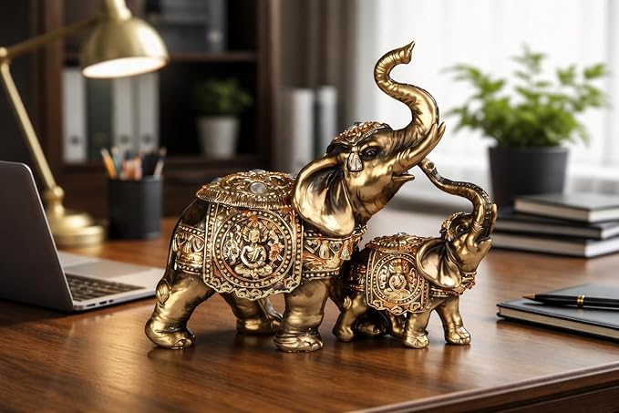 6" Wide Golden Elephant Statue Set, Feng Shui Lucky Elephant Figurines, Trunk Up Prosperity Decor, Luxury Gold Home Office Desk Shelf Decoration, Elephant Family Wealth Symbol Gift