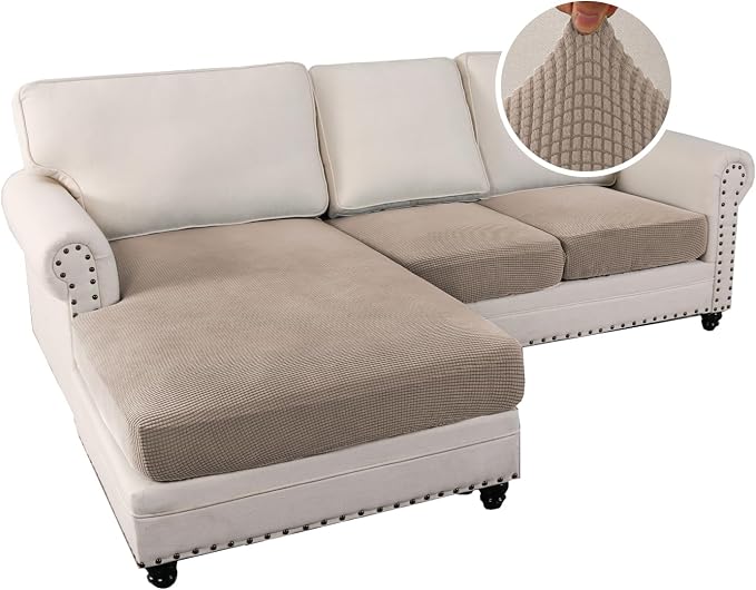 H.VERSAILTEX Sectional Couch Covers 3 Pieces Sofa Seat Cushion Covers L Shape Separate Cushion Couch Chaise Cover for Both Left/Right Sectional Couch (Seat Only: 1 Chaise + 2 Sofa, Sand)