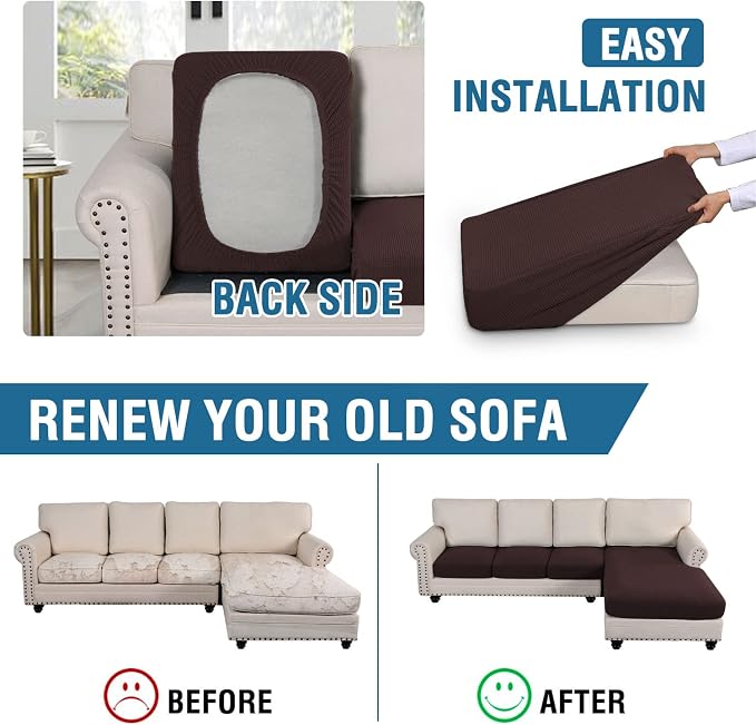 H.VERSAILTEX Sectional Couch Covers 4 Pieces Sofa Seat Cushion Covers L Shape Separate Cushion Couch Chaise Cover for Both Left/Right Sectional Couch (Seat Only: 1 Chaise + 3 Sofa, Chocolate)