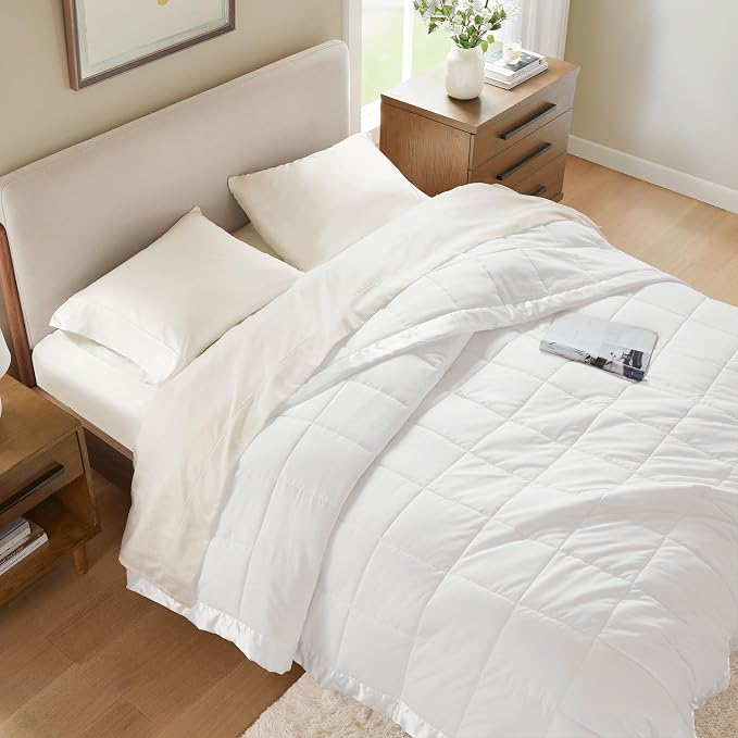 Madison Park Down Alternative Twin Size Blanket for Bed, Satin Trim, White | Lightweight Windom Blanket Premium 3M Scotchgard Moisture Wicking Treatment, OEKO TEX, Soft Bed Cover, All Season