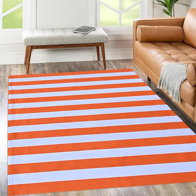Bottalive Fall Decor Orange Striped Rug, 4' x 6' Cotton Reversible Foldable Washable Area Rug, Layering Rug for Hello/Welcome Door Mat, Washable Cotton Woven Farmhouse Mat for Front Porch