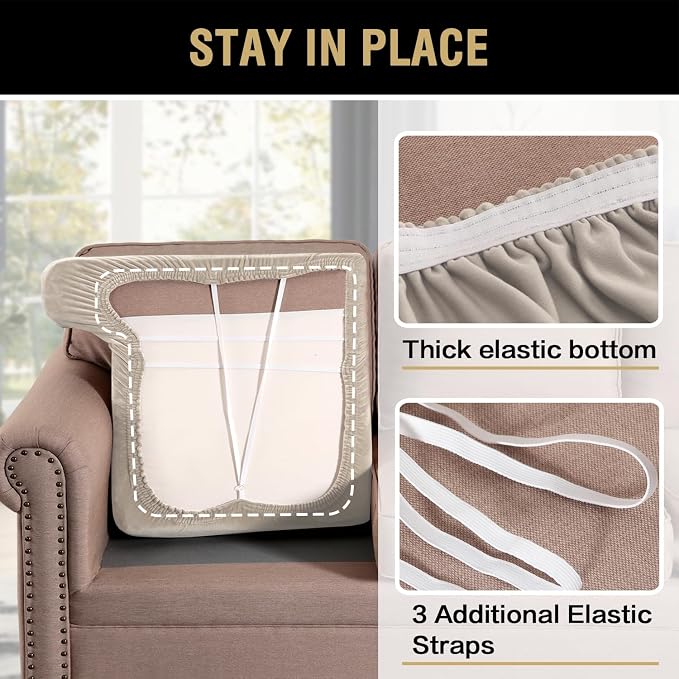 H.VERSAILTEX Stretch Velvet 3 Piece T Cushion Sofa Slipcovers for Living Room Individually Sofa Covers for 3 Seat Cushion Covers Stay with Elastic Bands (Sofa, French Oak)